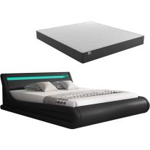 Cama Canapé de matrimonio con colchón Cama doble con Cabecero y Canapé led Somier de lamas Negro Madera y polipiel Modelo Parisina 180x200