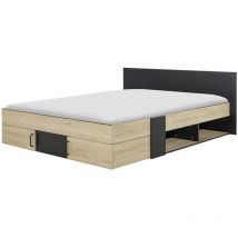 Calicosy - Cama con almacenaje 160 x 200 cm - Negro y madera clara