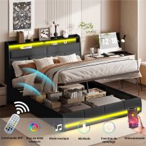 Fortuna Lai - Cama con almacenamiento 180x200cm - matrimonial acolchado con somier de láminas, cabecero con led y compartimento para cargador