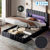 Fortuna Lai - Cama con almacenamiento 140x200cm - matrimonial led con somier de láminas y cabecero con puerto usb - imitación de cuero pu negro