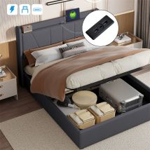 Fortuna Lai - Cama con almacenamiento 140x200cm - matrimonial acolchado con somier de láminas, cabecero con led y compartimento para cargador
