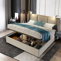 Fortuna Lai - Cama con almacenamiento led 160x200cm - con somier de láminas y cabecero ajustable rgb, puertos usb, pu beige