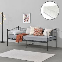 Cama Simple Arjeplog Metal con Colchón 90x200x16cm hasta 150 kg Negro mate [en.casa]