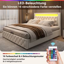 Rosahqnda - Cama de acolchado, Cama funcional con plancha y espacio de almacenamiento, con iluminación led, con función de almacenamiento, pu
