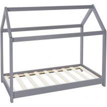 Cama Infantil 80x160cm con Techo y Somier Estructura Listones de Madera de Pino Maciza Gris Claro Forma de Casita Diseño Creativo Mueble de