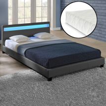 [corium] - Corium Cama de matrimonio Paris de cuero sintético - con colchón y led - (140x200cm) - (gris oscuro) - gris oscuro