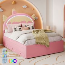 Rosahqnda - Cama de niños de dibujos animados 140x200cm, monocuerno, equipado con cama extraíble, material PU,Entrega local,Garantía de dos años