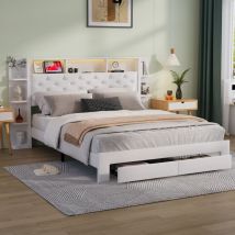 Cama Doble 160 X 200 Cm, Cama Tapizada, Mesita De Noche Con Almacenaje, Cabecero Con Puerto De Carga Y Luz Ambiental, Cajón De Almacenaje, Franela 