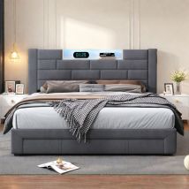 Rosahqnda - Cama doble 160x200cm, Canapé con 3 cajones, Cabecero con led y puerto usb, Cama para adultos, Terciopelo, Gris
