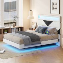Cama Doble 160 X 200 Cm, Estructura De Metal, Cabecero Ajustable, Con Luz Led Y Puerto De Carga, Cama Tapizada Para Adulto Adolescente, Patas De Cama 