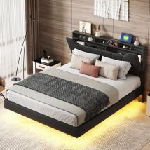 Rosahqnda - Cama doble 160x200cm,Cama tapizada con usb y LED,Cabecero con espacio de almacenaje,Cama funcional,Cabecero regulable, Patas de cama