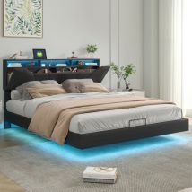 Rosahqnda - Cama doble 140x200cm,Cama tapizada con usb y LED,Cabecero con espacio de almacenaje,Cama funcional,Cabecero regulable, Patas de cama