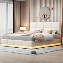 Modfu - Cama doble adulto 180x200cm con espacio de almacenamiento, hidráulica, led, pu, ​​sin colchón, beige