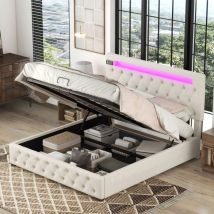 Rosahqnda - Cama doble, Cama acolchada, Cama familiar, Cama de plataforma con usb de carga, Reproductor Bluetooth e iluminación led, Conjunto moderno
