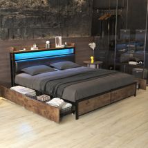 Cama matrimonial 160x200, cama para adultos, con cuatro cajones, cama acolchada con almacenaje, cabecero, led, pu, negro