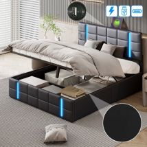 Pergar - Cama matrimoniales 160x200 cm con almacenamiento, cama adulto tapizada con led, respaldo suave, cabecero con puerto usb, pu, negro