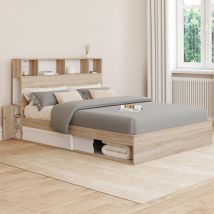 Clem Cama Doble Con Espacio De Almacenamiento + Cabecero Y Somier 140 X 190 Cm Haya Y Blanco