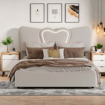 Rosahqnda - Cama doble tapizada de 140 x 200 cm, cabecero en forma de corazón con puerto de carga y led, estructura de cama hidráulica ajustable,