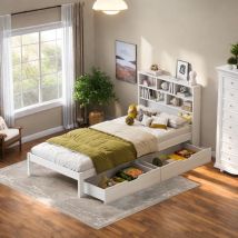 Cama individual de 90 x 200 cm, cama de pino con 2 cajones, cabecero con estantería, cama juvenil, cama infantil, estructura de madera, color blanco