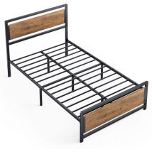 Cama Individual de Metal 120x200 cm con Cabecero de Madera Bealife Somier de Láminas para Niños/Adolescentes en Negro y Amarillo Estilo Retro