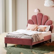 Cama Infantil 90x200 Cm, Cama Individual Acolchonada - Con Somier A Lattes, Cabecero Floral, Revestimiento De Terciopelo, Para Niños Y Adolescentes - 