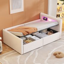 Kinderbett 90x200 Cm Mit Led-nachtlicht Und Usb-ladeanschluss Mit Ablagefach, Beiger Samtbezug (matratze Nicht Im Lieferumfang Enthalten)