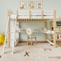 Cama infantil 90x200 cm con sillas protectoras y plancha de latón, cama infantil con escalera inclinada, escritorio y estantes integrados, cama en