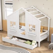 Pergar - Cama infantil cabina 90x200 cm, somier de láminas, 2 cajones de almacenaje, 2 ventanas practicables, barreras de seguridad, pino, blanco