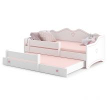 Cama infantil con cajón y barandilla - 160x80 - con colchón - rosa blanco