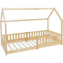 ML-Design Cama Infantil 90x200cm con Reja Protectora Techo y Somier Estructura Listones de Madera de Pino Maciza Color Natural Diseño Creativo Mueble