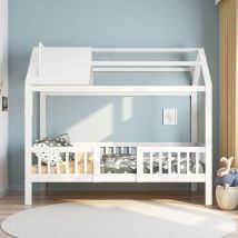 Rosahqnda - Cama infantil de 90 x 200 cm, cama de madera maciza de pino con protección anticaídas y somier de láminas, cama individual para niño y