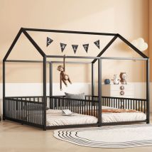 Cama infantil de metal 90x200 cm, barandillas, escalera, molduras, cama matrimonial, estructura de hierro - Negro