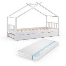 Cama de casa Design, Blanco, 90x200 cm con cama de invitados y colchón Vitalispa
