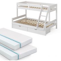 Vitalispa - Litera Everest, Blanco, 120x200 / 80x200 cm con 2 colchones y 2 cajones