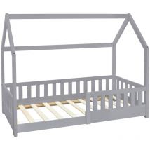 ML-Design Cama Infantil Color Gris Claro 80x160cm En Madera De Pino Maciza Reja Protectora Anticaída Techo y Somier Listones Diseño Creativo Forma De