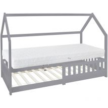 Cama Infantil Montessori con Forma de Casa de Madera de Pino Gris Claro con Colchón 90 x 200 cm de Espuma Fría Hipoalergénico Estructura de Listones