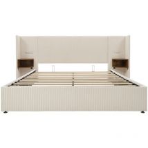 Cama matrimonial acolchada 160 x 200 con luz de lectura y cargador USB Type-C, beige, tejido acanalado
