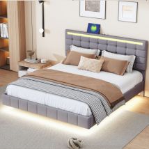 Pergar - Cama matrimoniales 160x200 cm, cama tapizada, camas para adultos y adolescentes, cabecero ajustable, carga usb, luz led regulable, lino, gris