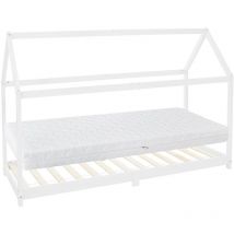 Cama Infantil Montessori con Forma de Casa de Madera de Pino Color Blanco con Colchón 90 x 200 x 16 cm de Espuma Fría Hipoalergénico Estructura de