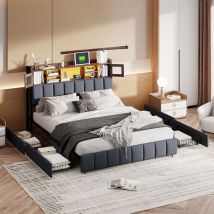 Pergar - Cama 160x200 con cajón, cama matrimoniales, cama doble tapizada para adulto, compartimento de almacenamiento junto a la cama, barra de luz