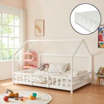 [en.casa] - Cama para niños Sisimiut forma de casa pino + colchón 120x200 cm Blanco [neu.haus]