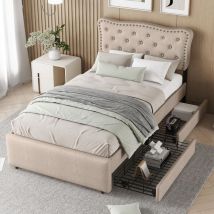 Rosahqnda - Cama plana de 90x200 cm, cama acolchada, almohadillado de mesa de noche con puntas decorativas, cajones dobles,Entrega local,Garantía de