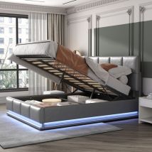 Fortuna Lai - Cama matrimonial con almacenamiento 140x200cm - con somier de láminas, cabecero ajustable rgb/led, terciopelo con motivo de botones