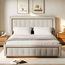 Cama Tapizada 140x200cm, Camas Con Canapé, Cama Funcional Hidráulica, Cama Doble, Gran Espacio De Almacenaje, Acabado Franela, Blanco Roto