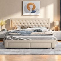 Rosahqnda - Cama tapizada 180 x 200 cm, Cama con almacenaje y cajones, Cama doble, Somier de láminas, Láminas de madera, Gran espacio de almacenaje,