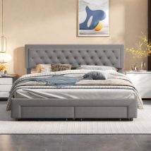 Rosahqnda - Cama tapizada 180 x 200 cm, Cama con almacenaje y cajones, Cama doble, Somier de láminas, Láminas de madera, Gran espacio de almacenaje,