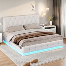 Rosahqnda - Cama tapizada de 140 x 200 cm, cama doble con iluminación led, espacio de almacenamiento elevable hidráulicamente, cama para adultos y