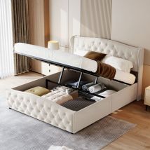 Cama tapizada de 160 x 200 cm, cama doble hidráulica, cama continental de franela, camas con canapé, cama doble para adultos y adolescentes, beige