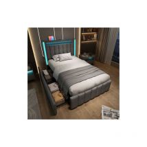 Cama tapizada Función de carga usb tipo c Iluminación led y 2 cajones, Camas juveniles 90x200cm Cama individual Camas almacenaje Estructura de cama,