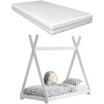 Cama tipi para niños con colchón y somier de madera de pino blanco 80x160 cm 030002646